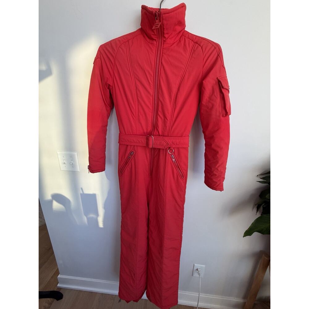 Vtg 60s 70 Ski Suit Anba One Piece Snowsuit Snow Bib Belted Retro Red Women’s